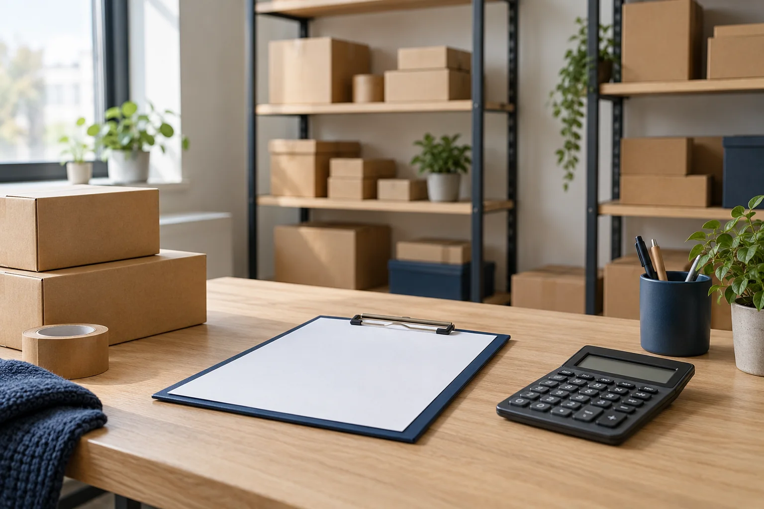 Коробки на полках небольшого склада, пустой лист на планшете и калькулятор на рабочем столе