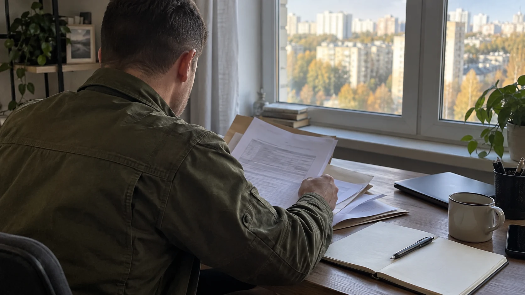Военнослужащий дома разбирает папку с финансовыми документами перед обращением в суд