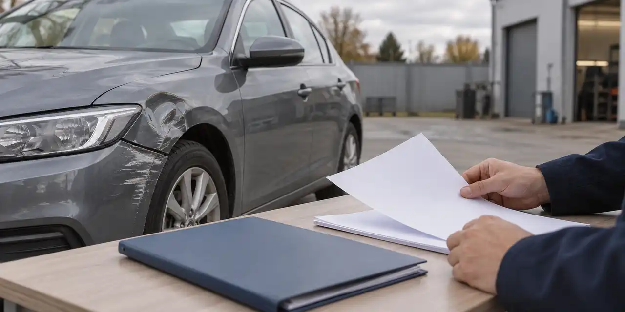 Проверка документов рядом с автомобилем с повреждённым крылом после ДТП