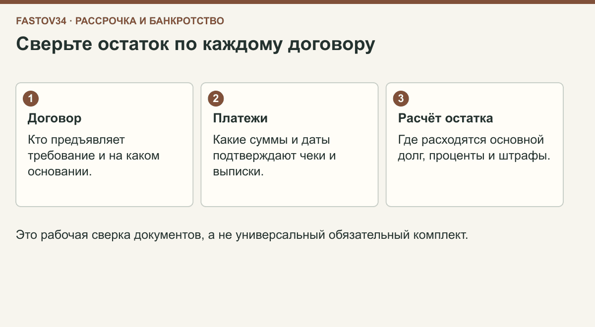 Три группы данных для сверки требования по рассрочке: договор, оплаты и расчёт остатка
