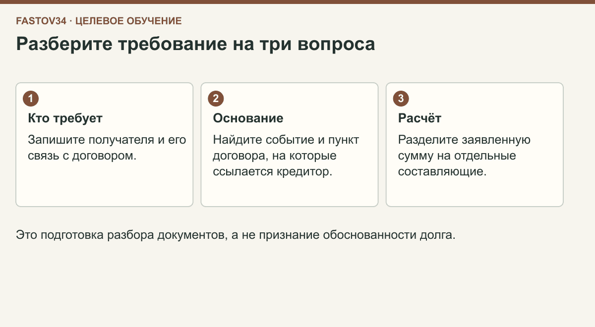 Для подготовки разбора целевого договора отдельно проверяют кредитора, основание и состав денежного требования